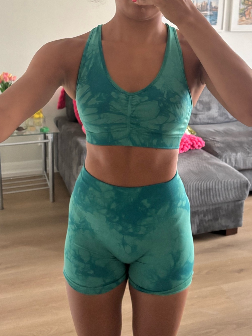 Women’s Turquoise Tie-Dye Sports Bra and Skirt Set